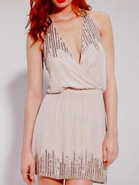Parker Sleeveless Silk Gold Sequin Mini Dress Nude Lined Chic Cocktail Evening L